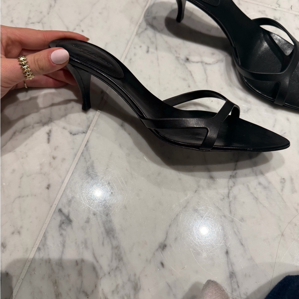 Saint Laurent Black Leather Pointed-Toe Slide Heels - Picture 2 of 5